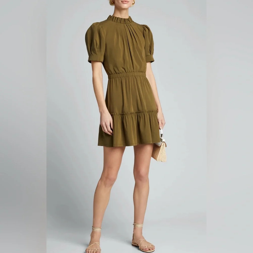 Alice + Olivia Dress Women’s 8 Vida Puff Sleeve Ruffle Tiered Dress Olive Green